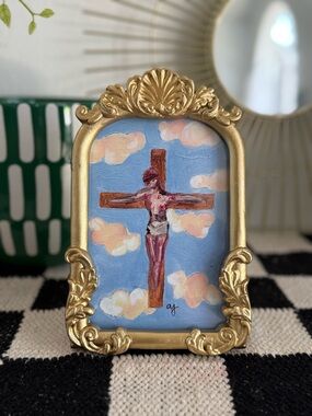 Gold Ornate Frame with Sky Blue Jesus Crucifix Art